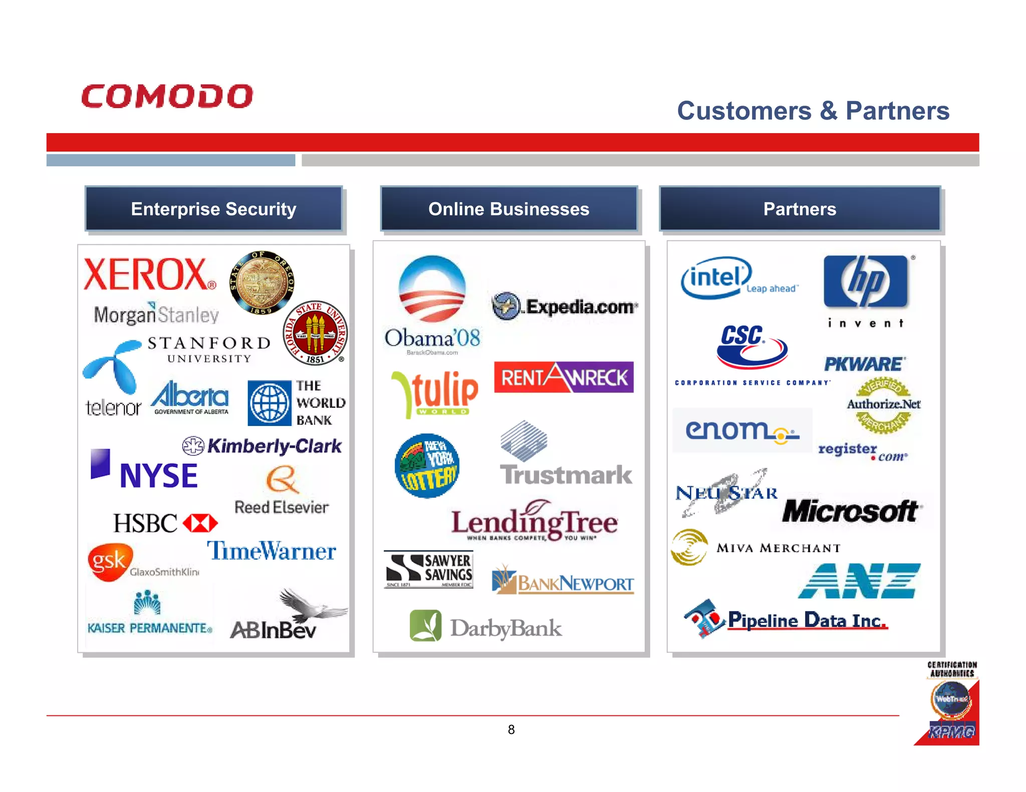 Customers & Partners


Enterprise Security
Enterprise Security   Online Businesses
                      Online Businesses         Partners
                                                Partners




                              8
 