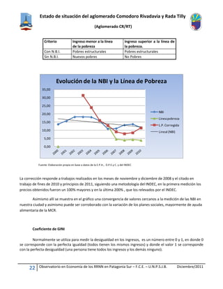 Estado de situación del aglomerado Comodoro Rivadavia y Rada Tilly
(Aglomerado CR/RT)
22 Observatorio en Economía de los RRNN en Patagonia Sur – F.C.E. – U.N.P.S.J.B. Diciembre/2011
Criterio Ingreso menor a la línea
de la pobreza
Ingreso superior a la línea de
la pobreza.
Con N.B.I. Pobres estructurales Pobres estructurales
Sin N.B.I. Nuevos pobres No Pobres
Fuente: Elaboración propia en base a datos de la E.P.H., D.P.E.y C. y del INDEC
La corrección responde a trabajos realizados en los meses de noviembre y diciembre de 2008 y el citado en
trabajo de fines de 2010 y principios de 2011, siguiendo una metodología del INDEC, en la primera medición los
precios obtenidos fueron un 100% mayores y en la última 200% , que los relevados por el INDEC.
Asimismo allí se muestra en el gráfico una convergencia de valores cercanos a la medición de las NBI en
nuestra ciudad y asimismo puede ser corroborado con la variación de los planes sociales, mayormente de ayuda
alimentaria de la MCR.
Coeficiente de GINI
Normalmente se utiliza para medir la desigualdad en los ingresos, es un número entre 0 y 1, en donde 0
se corresponde con la perfecta igualdad (todos tienen los mismos ingresos) y donde el valor 1 se corresponde
con la perfecta desigualdad (una persona tiene todos los ingresos y los demás ninguno).
0,00
5,00
10,00
15,00
20,00
25,00
30,00
35,00
Evolución de la NBI y la Línea de Pobreza
NBI
Lineapobreza
L.P.Corregida
Lineal (NBI)
 