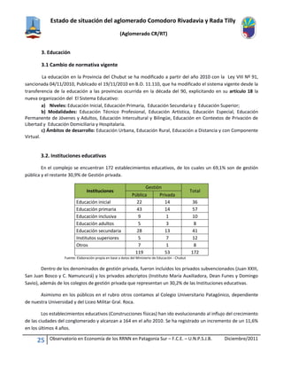 Estado de situación del aglomerado Comodoro Rivadavia y Rada Tilly
(Aglomerado CR/RT)
25 Observatorio en Economía de los RRNN en Patagonia Sur – F.C.E. – U.N.P.S.J.B. Diciembre/2011
3. Educación
3.1 Cambio de normativa vigente
La educación en la Provincia del Chubut se ha modificado a partir del año 2010 con la Ley VIII Nº 91,
sancionada 04/11/2010, Publicado el 19/11/2010 en B.O. 11.110, que ha modificado el sistema vigente desde la
transferencia de la educación a las provincias ocurrida en la década del 90, explicitando en su artículo 18 la
nueva organización del El Sistema Educativo:
a) Niveles: Educación Inicial, Educación Primaria, Educación Secundaria y Educación Superior;
b) Modalidades: Educación Técnico Profesional, Educación Artística, Educación Especial, Educación
Permanente de Jóvenes y Adultos, Educación Intercultural y Bilingüe, Educación en Contextos de Privación de
Libertad y Educación Domiciliaria y Hospitalaria.
c) Ámbitos de desarrollo: Educación Urbana, Educación Rural, Educación a Distancia y con Componente
Virtual.
3.2. Instituciones educativas
En el complejo se encuentran 172 establecimientos educativos, de los cuales un 69,1% son de gestión
pública y el restante 30,9% de Gestión privada.
Instituciones
Gestión
Total
Pública Privada
Educación inicial 22 14 36
Educación primaria 43 14 57
Educación inclusiva 9 1 10
Educación adultos 5 3 8
Educación secundaria 28 13 41
Institutos superiores 5 7 12
Otros 7 1 8
119 53 172
Fuente: Elaboración propia en base a datos del Ministerio de Educación - Chubut
Dentro de los denominados de gestión privada, fueron incluidos los privados subvencionados (Juan XXIII,
San Juan Bosco y C. Namuncurá) y los privados adscriptos (Instituto María Auxiliadora, Dean Funes y Domingo
Savio), además de los colegios de gestión privada que representan un 30,2% de las Instituciones educativas.
Asimismo en los públicos en el rubro otros contamos al Colegio Universitario Patagónico, dependiente
de nuestra Universidad y del Liceo Militar Gral. Roca.
Los establecimientos educativos (Construcciones físicas) han ido evolucionando al influjo del crecimiento
de las ciudades del conglomerado y alcanzan a 164 en el año 2010. Se ha registrado un incremento de un 11,6%
en los últimos 4 años.
 