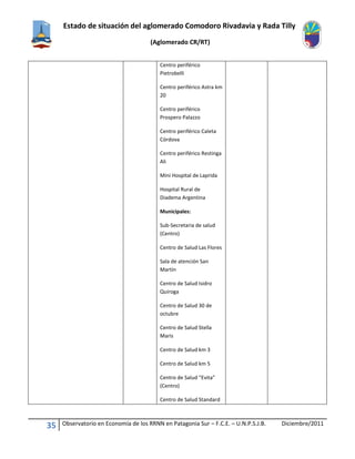 Estado de situación del aglomerado Comodoro Rivadavia y Rada Tilly
(Aglomerado CR/RT)
35 Observatorio en Economía de los RRNN en Patagonia Sur – F.C.E. – U.N.P.S.J.B. Diciembre/2011
Centro periférico
Pietrobelli
Centro periférico Astra km
20
Centro periférico
Prospero Palazzo
Centro periférico Caleta
Córdova
Centro periférico Restinga
Ali
Mini Hospital de Laprida
Hospital Rural de
Diadema Argentina
Municipales:
Sub-Secretaria de salud
(Centro)
Centro de Salud Las Flores
Sala de atención San
Martín
Centro de Salud Isidro
Quiroga
Centro de Salud 30 de
octubre
Centro de Salud Stella
Maris
Centro de Salud km 3
Centro de Salud km 5
Centro de Salud “Evita”
(Centro)
Centro de Salud Standard
 