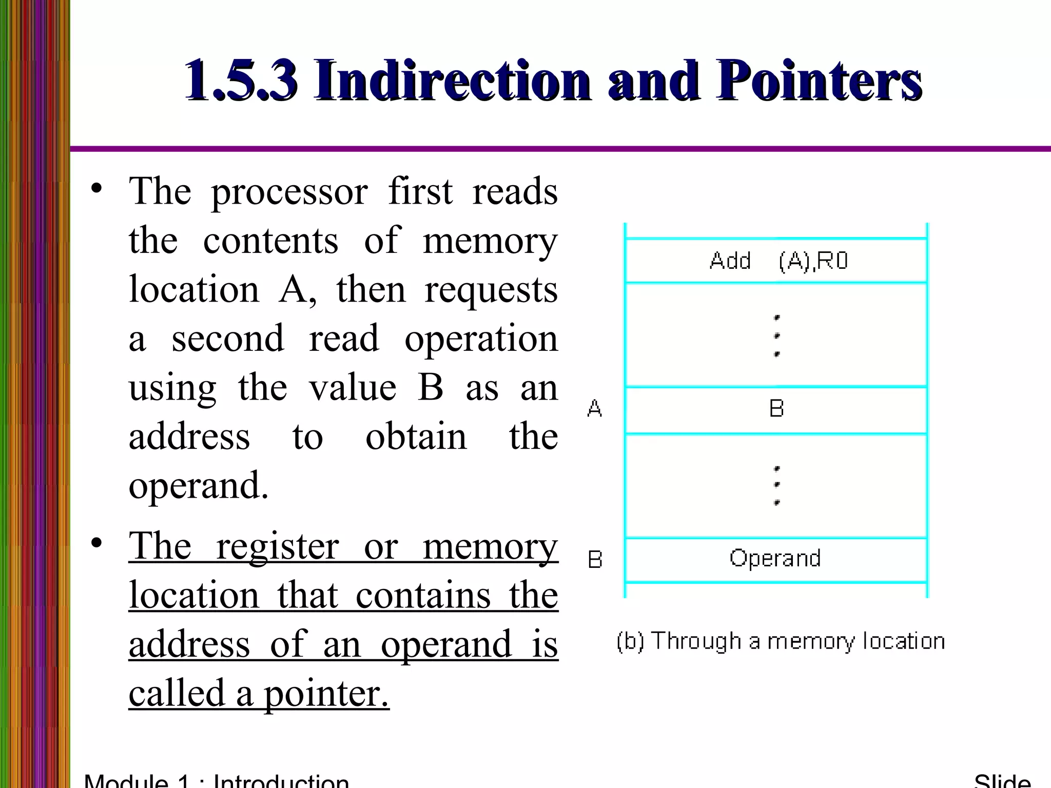 1.5.3 Indirection and Pointers1.5.3 Indirection and Pointers
• The processor first reads
the contents of memory
location A, then requests
a second read operation
using the value B as an
address to obtain the
operand.
• The register or memory
location that contains the
address of an operand is
called a pointer.
 