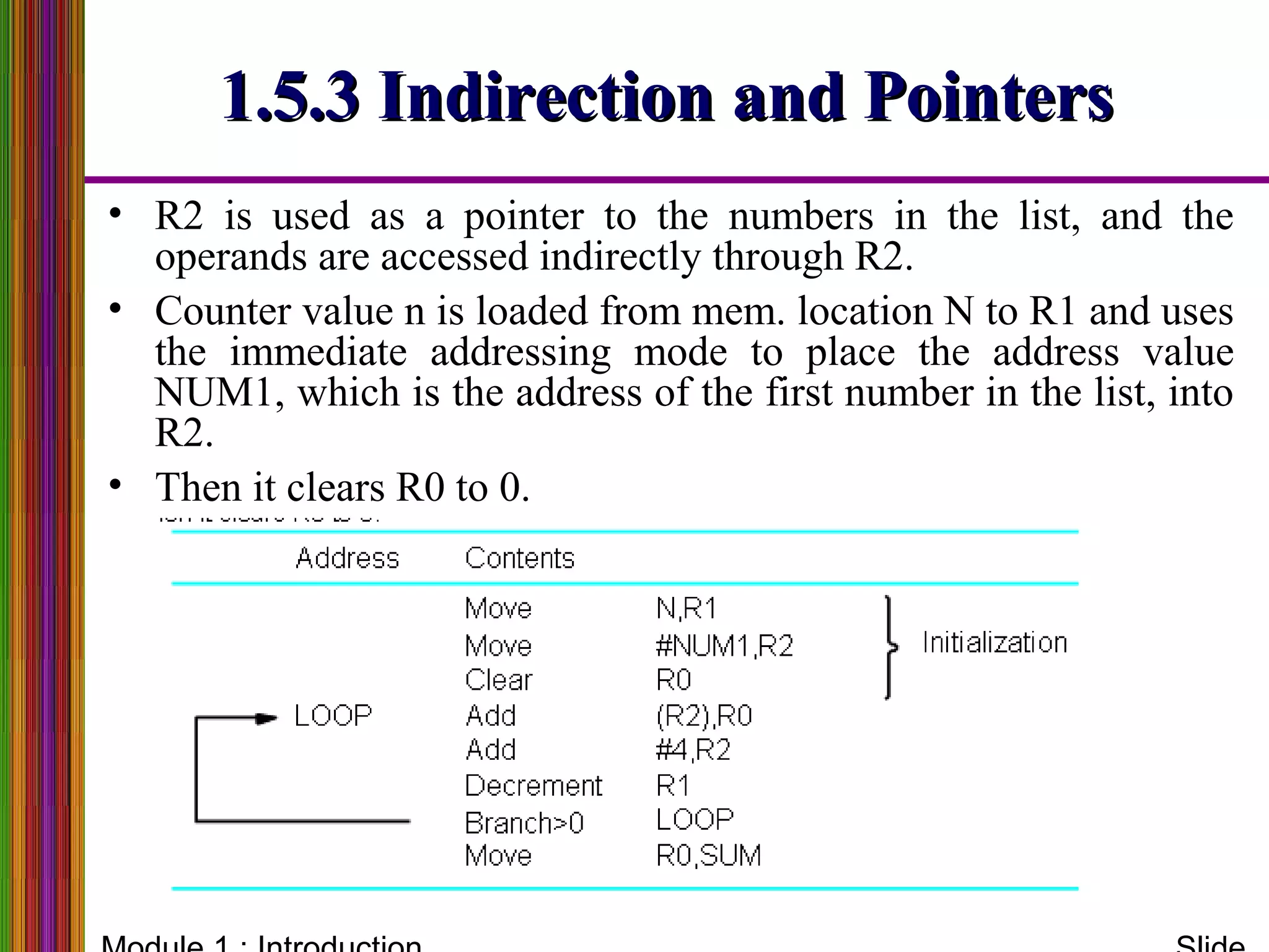1.5.3 Indirection and Pointers1.5.3 Indirection and Pointers
• R2 is used as a pointer to the numbers in the list, and the
operands are accessed indirectly through R2.
• Counter value n is loaded from mem. location N to R1 and uses
the immediate addressing mode to place the address value
NUM1, which is the address of the first number in the list, into
R2.
• Then it clears R0 to 0.
 