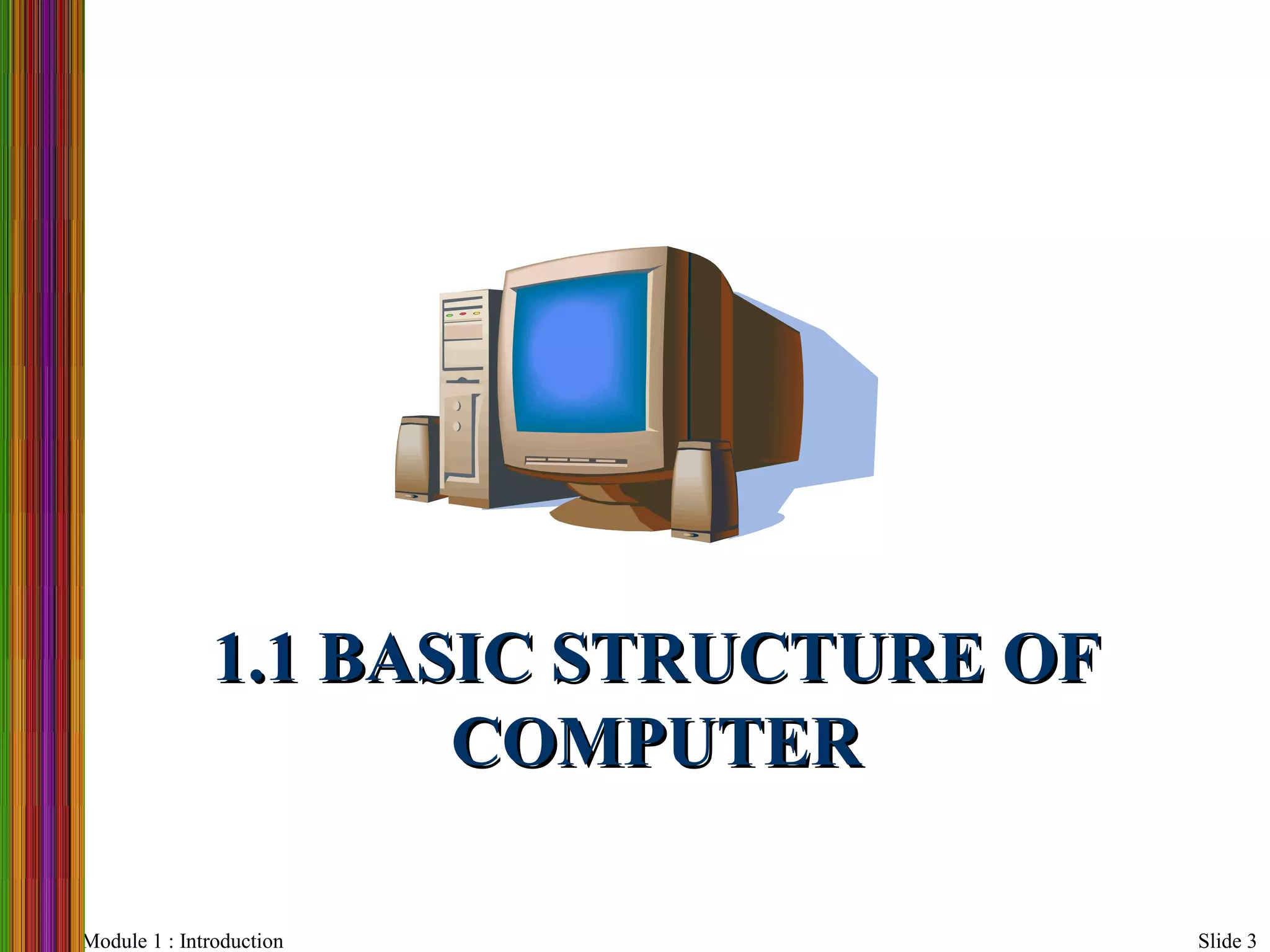 Module 1 : Introduction Slide 3
1.1 BASIC STRUCTURE OF1.1 BASIC STRUCTURE OF
COMPUTERCOMPUTER
 