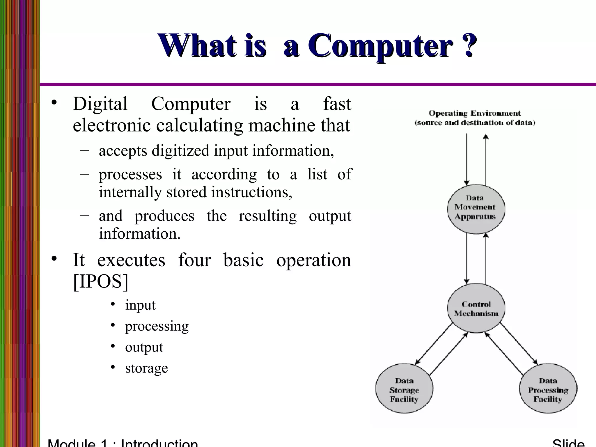 What is a Computer ?What is a Computer ?
• Digital Computer is a fast
electronic calculating machine that
– accepts digitized input information,
– processes it according to a list of
internally stored instructions,
– and produces the resulting output
information.
• It executes four basic operation
[IPOS]
• input
• processing
• output
• storage
 