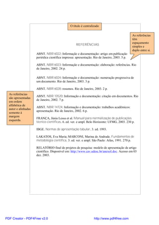 REFERÊNCIAS 
ABNT. NBR 6022: Informação e documentação: artigo em publicação 
periódica científica impressa: apresentação. Rio de Janeiro, 2003. 5 p. 
ABNT. NBR 6023: Informação e documentação: elaboração: referências. Rio 
de Janeiro, 2002. 24 p. 
ABNT. NBR 6024: Informação e documentação: numeração progressiva de 
um documento. Rio de Janeiro, 2003. 3 p. 
ABNT. NBR 6028: resumos. Rio de Janeiro, 2003. 2 p. 
ABNT. NBR 10520: Informação e documentação: citação em documentos. Rio 
de Janeiro, 2002. 7 p. 
ABNT. NBR 14724: Informação e documentação: trabalhos acadêmicos: 
apresentação. Rio de Janeiro, 2002. 6 p. 
FRANÇA, Júnia Lessa et al. Manual para normalização de publicações 
técnico-científicas. 6. ed. ver. e ampl. Belo Horizonte: UFMG, 2003. 230 p. 
IBGE. Normas de apresentação tabular. 3. ed. 1993. 
LAKATOS, Eva Maria; MARCONI, Marina de Andrade. Fundamentos de 
metodologia científica. 3. ed. ver. e ampl. São Paulo: Atlas, 1991. 270 p. 
RELATÓRIO final de projetos de pesquisa: modelo de apresentação de artigo 
científico. Disponível em: http://www.cav.udesc.br/anexoI.doc. Acesso em 03 
dez. 2003. 
As referências 
são apresentadas 
em ordem 
alfabética de 
autor e alinhadas 
somente à 
margem 
esquerda. 
O título é centralizado 
As referências 
têm 
espaçamento 
simples e 
duplo entre si. 
PDF Creator - PDF4Free v2.0 http://www.pdf4free.com 
