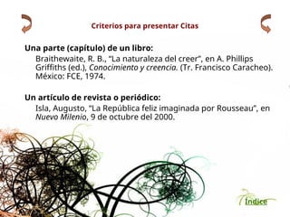 Índice
Criterios para presentar Citas
Una parte (capítulo) de un libro:
Braithewaite, R. B., “La naturaleza del creer”, en A. Phillips
Griffiths (ed.), Conocimiento y creencia. (Tr. Francisco Caracheo).
México: FCE, 1974.
Un artículo de revista o periódico:
Isla, Augusto, “La República feliz imaginada por Rousseau”, en
Nuevo Milenio, 9 de octubre del 2000.
 
