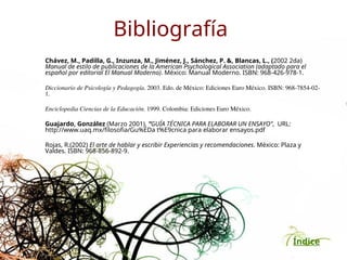 Índice
Bibliografía
Chávez, M., Padilla, G., Inzunza, M., Jiménez, J., Sánchez, P. &, Blancas, L., (2002 2da)
Manual de estilo de publicaciones de la American Psychological Association (adaptado para el
español por editorial El Manual Moderno). México: Manual Moderno. ISBN: 968-426-978-1.
Diccionario de Psicología y Pedagogía. 2003. Edo. de México: Ediciones Euro México. ISBN: 968-7854-02-
1.
Enciclopedia Ciencias de la Educación. 1999. Colombia: Ediciones Euro México.
Guajardo, González (Marzo 2001), “GUÍA TÉCNICA PARA ELABORAR UN ENSAYO”, URL:
http://www.uaq.mx/filosofia/Gu%EDa t%E9cnica para elaborar ensayos.pdf
Rojas, R.(2002) El arte de hablar y escribir Experiencias y recomendaciones. México: Plaza y
Valdes. ISBN: 968-856-892-9.
 