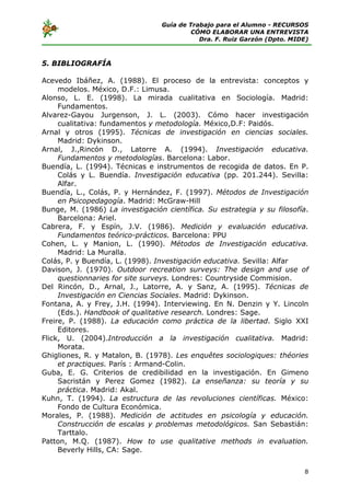 Guía de Trabajo para el Alumno - RECURSOS
                                          CÓMO ELABORAR UNA ENTREVISTA
                                            Dra. F. Ruiz Garzón (Dpto. MIDE)



5. BIBLIOGRAFÍA

Acevedo Ibáñez, A. (1988). El proceso de la entrevista: conceptos y
     modelos. México, D.F.: Limusa.
Alonso, L. E. (1998). La mirada cualitativa en Sociología. Madrid:
     Fundamentos.
Alvarez-Gayou Jurgenson, J. L. (2003). Cómo hacer investigación
     cualitativa: fundamentos y metodología. México,D.F: Paidós.
Arnal y otros (1995). Técnicas de investigación en ciencias sociales.
     Madrid: Dykinson.
Arnal, J.,Rincón D., Latorre A. (1994). Investigación educativa.
     Fundamentos y metodologías. Barcelona: Labor.
Buendía, L. (1994). Técnicas e instrumentos de recogida de datos. En P.
     Colás y L. Buendía. Investigación educativa (pp. 201.244). Sevilla:
     Alfar.
Buendía, L., Colás, P. y Hernández, F. (1997). Métodos de Investigación
     en Psicopedagogía. Madrid: McGraw-Hill
Bunge, M. (1986) La investigación científica. Su estrategia y su filosofía.
     Barcelona: Ariel.
Cabrera, F. y Espín, J.V. (1986). Medición y evaluación educativa.
     Fundamentos teórico-prácticos. Barcelona: PPU
Cohen, L. y Manion, L. (1990). Métodos de Investigación educativa.
     Madrid: La Muralla.
Colás, P. y Buendía, L. (1998). Investigación educativa. Sevilla: Alfar
Davison, J. (1970). Outdoor recreation surveys: The design and use of
     questionnaries for site surveys. Londres: Countryside Commision.
Del Rincón, D., Arnal, J., Latorre, A. y Sanz, A. (1995). Técnicas de
     Investigación en Ciencias Sociales. Madrid: Dykinson.
Fontana, A. y Frey, J.H. (1994). Interviewing. En N. Denzin y Y. Lincoln
     (Eds.). Handbook of qualitative research. Londres: Sage.
Freire, P. (1988). La educación como práctica de la libertad. Siglo XXI
     Editores.
Flick, U. (2004).Introducción a la investigación cualitativa. Madrid:
     Morata.
Ghigliones, R. y Matalon, B. (1978). Les enquêtes sociologiques: théories
     et practiques. París : Armand-Colin.
Guba, E. G. Criterios de credibilidad en la investigación. En Gimeno
     Sacristán y Perez Gomez (1982). La enseñanza: su teoría y su
     práctica. Madrid: Akal.
Kuhn, T. (1994). La estructura de las revoluciones científicas. México:
     Fondo de Cultura Económica.
Morales, P. (1988). Medición de actitudes en psicología y educación.
     Construcción de escalas y problemas metodológicos. San Sebastián:
     Tarttalo.
Patton, M.Q. (1987). How to use qualitative methods in evaluation.
     Beverly Hills, CA: Sage.


                                                                          8
 