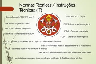 Normas Técnicas / Instruções
Técnicas (IT)
IT 21/11 - Sistema de proteção por extintores de incêndio
Decreto Estadual nº 56.819/11 - pág 17
IT 20/11 – Sinalização de emergência
IT 11/11 – Saídas de emergência
Anexo B da IT 42. – pág 8.
IT 10/11 - Controle de materiais de acabamento e de revestimento
IT 18/11 - Iluminação de emergência
IT 28/11 - Manipulação, armazenamento, comercialização e utilização de Gás Liquefeito de Petróleo
(GLP)
IT 25/11 - Segurança contra incêndio para líquidos combustíveis e inflamáveis ,
parte 2.
NBR 14605-7 Armazenamento de líquidos inflamáveis e combustíveis
NBR 14276 – Brigada de Incêndio
NBR 15219 – Plano de Emergência
NBR 14608 – Bombeiro Profissional Civil
 