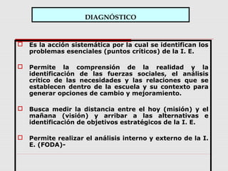 DIAGNÓSTICO
 Es la acción sistemática por la cual se identifican los
problemas esenciales (puntos críticos) de la I. E.
 Permite la comprensión de la realidad y la
identificación de las fuerzas sociales, el análisis
crítico de las necesidades y las relaciones que se
establecen dentro de la escuela y su contexto para
generar opciones de cambio y mejoramiento.
 Busca medir la distancia entre el hoy (misión) y el
mañana (visión) y arribar a las alternativas e
identificación de objetivos estratégicos de la I. E.
 Permite realizar el análisis interno y externo de la I.
E. (FODA)-
 