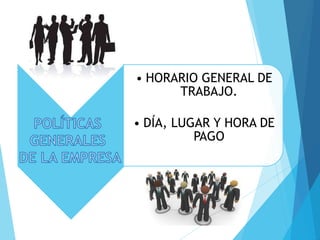 • HORARIO GENERAL DE
TRABAJO.
• DÍA, LUGAR Y HORA DE
PAGO
 