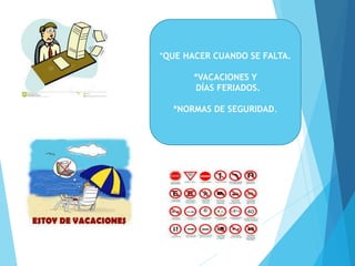 *QUE HACER CUANDO SE FALTA.
*VACACIONES Y
DÍAS FERIADOS.
*NORMAS DE SEGURIDAD.
 