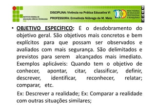 • OBJETIVO ESPECÍFICO: É o desdobramento do
objetivo geral. São objetivos mais concretos e bem
explícitos para que possam ser observados e
avaliados com mais segurança. São delimitados e
previstos para serem alcançados mais imediato.
DISCIPLINA: Vivência na Prática Educativa VI
DISCIPLINA: Vivência na Prática Educativa VI
DISCIPLINA: Vivência na Prática Educativa VI
DISCIPLINA: Vivência na Prática Educativa VI
PROFESSORA: Ermelinda Nóbrega de M. Melo
PROFESSORA: Ermelinda Nóbrega de M. Melo
PROFESSORA: Ermelinda Nóbrega de M. Melo
PROFESSORA: Ermelinda Nóbrega de M. Melo
previstos para serem alcançados mais imediato.
Exemplos aplicáveis: Quando tem o objetivo de
conhecer, apontar, citar, classificar, definir,
descrever, identificar, reconhecer, relatar;
comparar, etc.
Ex: Descrever a realidade; Ex: Comparar a realidade
com outras situações similares;
 