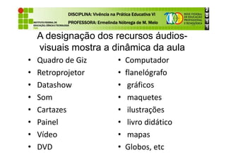 • Quadro de Giz
• Retroprojetor
• Datashow
• Computador
• flanelógrafo
• gráficos
DISCIPLINA: Vivência na Prática Educativa VI
DISCIPLINA: Vivência na Prática Educativa VI
DISCIPLINA: Vivência na Prática Educativa VI
DISCIPLINA: Vivência na Prática Educativa VI
PROFESSORA: Ermelinda Nóbrega de M. Melo
PROFESSORA: Ermelinda Nóbrega de M. Melo
PROFESSORA: Ermelinda Nóbrega de M. Melo
PROFESSORA: Ermelinda Nóbrega de M. Melo
A designação dos recursos áudios-
visuais mostra a dinâmica da aula
• Datashow
• Som
• Cartazes
• Painel
• Vídeo
• DVD
• gráficos
• maquetes
• ilustrações
• livro didático
• mapas
• Globos, etc
 