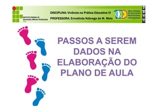 PASSOS A SEREM
DADOS NA
DISCIPLINA: Vivência na Prática Educativa VI
DISCIPLINA: Vivência na Prática Educativa VI
DISCIPLINA: Vivência na Prática Educativa VI
DISCIPLINA: Vivência na Prática Educativa VI
PROFESSORA: Ermelinda Nóbrega de M. Melo
PROFESSORA: Ermelinda Nóbrega de M. Melo
PROFESSORA: Ermelinda Nóbrega de M. Melo
PROFESSORA: Ermelinda Nóbrega de M. Melo
DADOS NA
ELABORAÇÃO DO
PLANO DE AULA
 