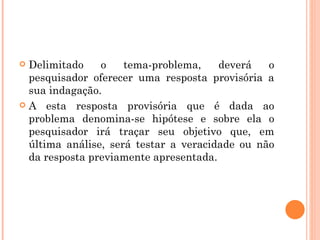 Delimitado o tema-problema, deverá o pesquisador oferecer uma resposta provisória a sua indagação. A esta resposta provisória que é dada ao problema denomina-se hipótese e sobre ela o pesquisador irá traçar seu objetivo que, em última análise, será testar a veracidade ou não da resposta previamente apresentada. 