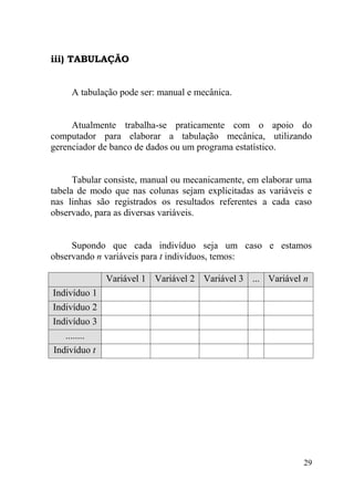 iii) TABULAÇÃO


     A tabulação pode ser: manual e mecânica.


     Atualmente trabalha-se praticamente com o apoio do
computador para elaborar a tabulação mecânica, utilizando
gerenciador de banco de dados ou um programa estatístico.


      Tabular consiste, manual ou mecanicamente, em elaborar uma
tabela de modo que nas colunas sejam explicitadas as variáveis e
nas linhas são registrados os resultados referentes a cada caso
observado, para as diversas variáveis.


     Supondo que cada indivíduo seja um caso e estamos
observando n variáveis para t indivíduos, temos:

              Variável 1 Variável 2 Variável 3 ... Variável n
Indivíduo 1
Indivíduo 2
Indivíduo 3
   ........
Indivíduo t




                                                              29
 