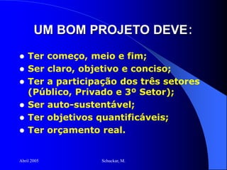 Abril 2005 Schuckar, M.
UM BOM PROJETO DEVE:
 Ter começo, meio e fim;
 Ser claro, objetivo e conciso;
 Ter a participação dos três setores
(Público, Privado e 3º Setor);
 Ser auto-sustentável;
 Ter objetivos quantificáveis;
 Ter orçamento real.
 