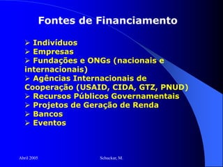 Abril 2005 Schuckar, M.
Fontes de Financiamento
 Indivíduos
 Empresas
 Fundações e ONGs (nacionais e
internacionais)
 Agências Internacionais de
Cooperação (USAID, CIDA, GTZ, PNUD)
 Recursos Públicos Governamentais
 Projetos de Geração de Renda
 Bancos
 Eventos
 