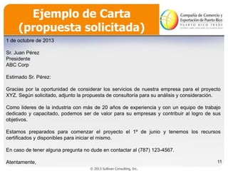 Ejemplo de Carta
(propuesta solicitada)
1 de octubre de 2013
Sr. Juan Pérez
Presidente
ABC Corp

Estimado Sr. Pérez:
Gracias por la oportunidad de considerar los servicios de nuestra empresa para el proyecto
XYZ. Según solicitado, adjunto la propuesta de consultoría para su análisis y consideración.

Como lideres de la industria con más de 20 años de experiencia y con un equipo de trabajo
dedicado y capacitado, podemos ser de valor para su empresas y contribuir al logro de sus
objetivos.
Estamos preparados para comenzar el proyecto el 1º de junio y tenemos los recursos
certificados y disponibles para iniciar el mismo.
En caso de tener alguna pregunta no dude en contactar al (787) 123-4567.
11

Atentamente,
© 2013 Sullivan Consulting, Inc.

 