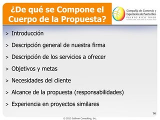 ¿De qué se Compone el
Cuerpo de la Propuesta?
˃ Introducción
˃ Descripción general de nuestra firma

˃ Descripción de los servicios a ofrecer
˃ Objetivos y metas

˃ Necesidades del cliente
˃ Alcance de la propuesta (responsabilidades)

˃ Experiencia en proyectos similares
14
© 2013 Sullivan Consulting, Inc.

 