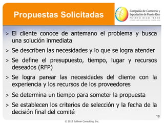 Propuestas Solicitadas
˃ El cliente conoce de antemano el problema y busca
una solución inmediata
˃ Se describen las necesidades y lo que se logra atender

˃ Se define el presupuesto, tiempo, lugar y recursos
deseados (RFP)
˃ Se logra parear las necesidades del cliente con la
experiencia y los recursos de los proveedores
˃ Se determina un tiempo para someter la propuesta
˃ Se establecen los criterios de selección y la fecha de la
decisión final del comité

18

© 2013 Sullivan Consulting, Inc.

 