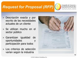 Request for Proposal (RFP)
˃ Descripción exacta y por
escrito de las necesidades
actuales de un cliente
˃ Se utilizan mucho en el
sector público

˃ Garantizan igualdad de
oportunidades
y
participación para todos
˃ Los criterios de selección
varían según la industria
19
© 2013 Sullivan Consulting, Inc.

 
