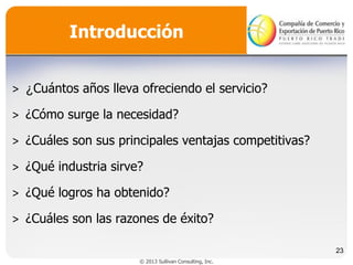 Introducción
˃ ¿Cuántos años lleva ofreciendo el servicio?
˃ ¿Cómo surge la necesidad?
˃ ¿Cuáles son sus principales ventajas competitivas?
˃ ¿Qué industria sirve?
˃ ¿Qué logros ha obtenido?

˃ ¿Cuáles son las razones de éxito?
23
© 2013 Sullivan Consulting, Inc.

 