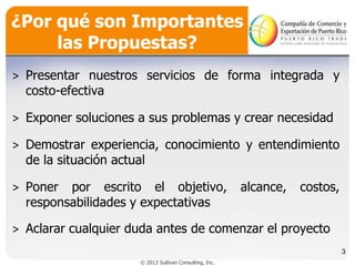 ¿Por qué son Importantes
las Propuestas?
˃ Presentar nuestros servicios de forma integrada y
costo-efectiva
˃ Exponer soluciones a sus problemas y crear necesidad
˃ Demostrar experiencia, conocimiento y entendimiento
de la situación actual
˃ Poner por escrito el objetivo,
responsabilidades y expectativas

alcance,

costos,

˃ Aclarar cualquier duda antes de comenzar el proyecto
3
© 2013 Sullivan Consulting, Inc.

 