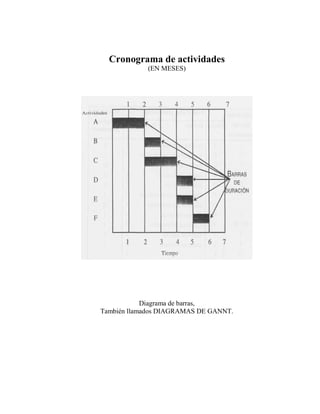 Cronograma de actividades
            (EN MESES)




            Diagrama de barras,
También llamados DIAGRAMAS DE GANNT.
 