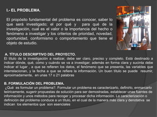 I.- EL PROBLEMA.

 El propósito fundamental del problema es conocer, saber lo
 que será investigado; el por qué y para qué de la
 investigación, cual es el valor o la importancia del hecho o
 fenómeno a investigar y los criterios de prioridad, novedad,
 oportunidad, conformismo o comportamiento que tiene el
 objeto de estudio.

 A. TÍTULO DESCRIPTIVO DEL PROYECTO.
El título de la investigación a realizar, debe ser claro, preciso y completo. Está destinado a
indicar dónde, qué, cómo y cuándo se va a investigar; además en forma clara y sucinta debe
indicar el lugar , a que se refieren los datos, el fenómeno que se presenta, las variables que
interrelacionan, y la fecha a que se refiere la información. Un buen título se puede resumir,
aproximadamente, en unas 17 o 21 palabras

B. FORMULACIÓN DEL PROBLEMA.
 ¿Qué es formular un problema?. Formular un problema es caracterizarlo, definirlo, enmarcarlo
teóricamente, sugerir propuestas de solución para ser demostradas, establecer unas fuentes de
información y unos métodos para recoger y procesar dicha información. La caracterización o
definición del problema conduce a un título, en el cual de la manera más clara y denotativa se
indican los elementos que son esenciales
 