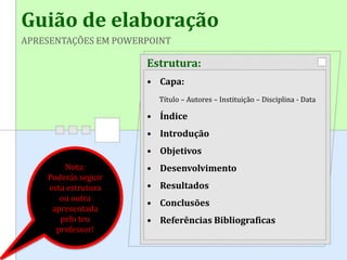 Guião de elaboração
APRESENTAÇÕES EM POWERPOINT
Estrutura:
• Capa:
Título – Autores – Instituição – Disciplina - Data
• Índice
• Introdução
• Objetivos
• Desenvolvimento
• Resultados
• Conclusões
• Referências Bibliograficas
Nota:
Poderás seguir
esta estrutura
ou outra
apresentada
pelo teu
professor!
 