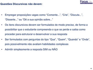 44
Questões Discursivas não devem:
• Empregar proposições vagas como “Comente...”, “Crie”, “Discuta...”,
“Disserte...” ou “Dê a sua opinião sobre...”
• Os itens discursivos devem ser formulados de modo preciso, de forma a
possibilitar que o estudante compreenda o que se perde e saiba como
proceder para estruturar e desenvolver a sua resposta
• Ser formulados com perguntas do tipo “Que”, “Quem”, “Quando” e “Onde”,
pois possivelmente não avaliam habilidades complexas
• Admitir simplesmente a resposta SIM ou NÃO
Fonte: Gitman
 