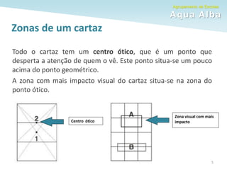 Agrupamento de Escolas
Aqua Alba
5
Zonas de um cartaz
Todo o cartaz tem um centro ótico, que é um ponto que
desperta a atenção de quem o vê. Este ponto situa-se um pouco
acima do ponto geométrico.
A zona com mais impacto visual do cartaz situa-se na zona do
ponto ótico.
Centro ótico
Zona visual com mais
impacto
 