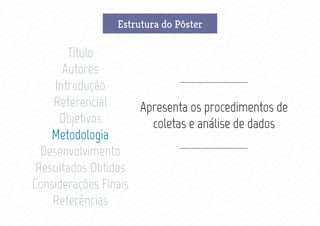 Estrutura do Pôster
Título
Autores
Introdução
Referencial
Objetivos
Metodologia
Desenvolvimento
Resultados Obtidos
Considerações Finais
Referências
Apresenta os procedimentos de
coletas e análise de dados
 