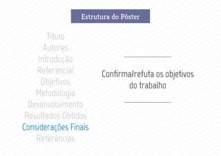 Estrutura do Pôster
Título
Autores
Introdução
Referencial
Objetivos
Metodologia
Desenvolvimento
Resultados Obtidos
Considerações Finais
Referências
Confirma/refuta os objetivos
do trabalho
 