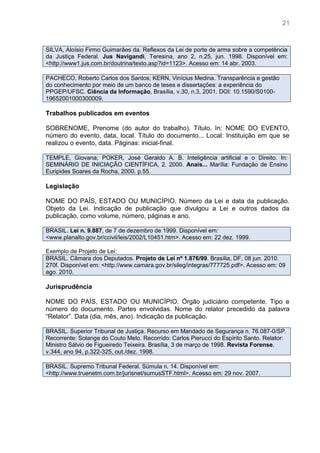 21
SILVA, Aloísio Firmo Guimarães da. Reflexos da Lei de porte de arma sobre a competência
da Justiça Federal. Jus Navigandi, Teresina, ano 2, n.25, jun. 1998. Disponível em:
<http://www1.jus.com.br/doutrina/texto.asp?id=1123>. Acesso em: 14 abr. 2003.
PACHECO, Roberto Carlos dos Santos; KERN, Vinícius Medina. Transparência e gestão
do conhecimento por meio de um banco de teses e dissertações: a experiência do
PPGEP/UFSC. Ciência da Informação, Brasília, v.30, n.3, 2001. DOI: 10.1590/S0100-
19652001000300009.
Trabalhos publicados em eventos
SOBRENOME, Prenome (do autor do trabalho). Título. In: NOME DO EVENTO,
número do evento, data, local. Título do documento... Local: Instituição em que se
realizou o evento, data. Páginas: inicial-final.
TEMPLE, Giovana; POKER, José Geraldo A. B. Inteligência artificial e o Direito. In:
SEMINÁRIO DE INICIAÇÃO CIENTÍFICA, 2. 2000. Anais... Marília: Fundação de Ensino
Euripides Soares da Rocha, 2000. p.55.
Legislação
NOME DO PAÍS, ESTADO OU MUNICÍPIO. Número da Lei e data da publicação.
Objeto da Lei. Indicação de publicação que divulgou a Lei e outros dados da
publicação, como volume, número, páginas e ano.
BRASIL. Lei n. 9.887, de 7 de dezembro de 1999. Disponível em:
<www.planalto.gov.br/ccivil/leis/2002/L10451.htm>. Acesso em: 22 dez. 1999.
Exemplo de Projeto de Lei:
BRASIL. Câmara dos Deputados. Projeto de Lei nº 1.876/99. Brasília, DF, 08 jun. 2010.
270f. Disponível em: <http://www.camara.gov.br/sileg/integras/777725.pdf>. Acesso em: 09
ago. 2010.
Jurisprudência
NOME DO PAÍS, ESTADO OU MUNICÍPIO. Órgão judiciário competente. Tipo e
número do documento. Partes envolvidas. Nome do relator precedido da palavra
“Relator”. Data (dia, mês, ano). Indicação da publicação.
BRASIL. Superior Tribunal de Justiça. Recurso em Mandado de Segurança n. 76.087-0/SP.
Recorrente: Solange do Couto Melo. Recorrido: Carlos Pierucci do Espírito Santo. Relator:
Ministro Sálvio de Figueiredo Teixeira. Brasília, 3 de março de 1998. Revista Forense,
v.344, ano 94, p.322-325, out./dez. 1998.
BRASIL. Supremo Tribunal Federal. Súmula n. 14. Disponível em:
<http://www.truenetm.com.br/jurisnet/sumusSTF.html>. Acesso em: 29 nov. 2007.
 