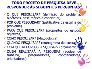 TODO PROJETO DE PESQUISA DEVE
RESPONDER ÀS SEGUINTES PERGUNTAS:
 O QUE PESQUISAR? (definição do problema,
hipóteses, base teórica e conceitual)
 POR QUE PESQUISAR? (justificativa da escolha do
problema)
 PARA QUE PESQUISAR? (propósitos do estudo,
objetivos)
 COMO PESQUISAR? (Metodologia)
 QUANDO PESQUISAR? (cronograma de execução)
 COM QUE RECURSOS PESQUISAR? (orçamento)
 QUEM REALIZARÁ A PESQUISA? (equipe de
trabalho, pesquisadores, coordenadores,
orientadores)
 