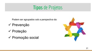 Tipos de Projetos
21
Podem ser agrupados sob a perspectiva da:
 Prevenção
 Proteção
 Promoção social
 