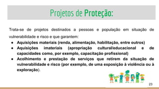 Projetos de Proteção:
23
Trata-se de projetos destinados a pessoas e população em situação de
vulnerabilidade e risco e que garantem:
● Aquisições materiais (renda, alimentação, habilitação, entre outros)
● Aquisições imateriais (apropriação cultural/educacional e de
capacidades como, por exemplo, capacitação profissional)
● Acolhimento e prestação de serviços que retirem da situação de
vulnerabilidade e risco (por exemplo, de uma exposição à violência ou à
exploração).
 