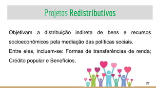 Projetos Redistributivos
27
Objetivam a distribuição indireta de bens e recursos
socioeconômicos pela mediação das políticas sociais.
Entre eles, incluem-se: Formas de transferências de renda;
Crédito popular e Benefícios.
 