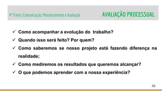 4ª Parte | Comunicação, Monitoramento e Avaliação AVALIAÇÃO PROCESSUAL
70
 Como acompanhar a evolução do trabalho?
 Quando isso será feito? Por quem?
 Como saberemos se nosso projeto está fazendo diferença na
realidade;
 Como mediremos os resultados que queremos alcançar?
 O que podemos aprender com a nossa experiência?
 