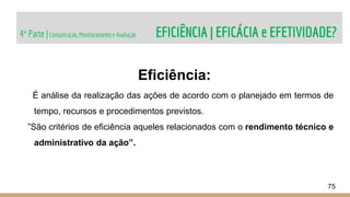 4ª Parte |Comunicação, Monitoramento e Avaliação EFICIÊNCIA | EFICÁCIA e EFETIVIDADE?
75
Eficiência:
É análise da realização das ações de acordo com o planejado em termos de
tempo, recursos e procedimentos previstos.
”São critérios de eficiência aqueles relacionados com o rendimento técnico e
administrativo da ação”.
 