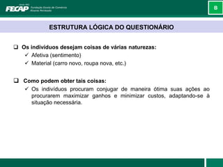 B



            ESTRUTURA LÓGICA DO QUESTIONÁRIO


 Os indivíduos desejam coisas de várias naturezas:
    Afetiva (sentimento)
    Material (carro novo, roupa nova, etc.)


 Como podem obter tais coisas:
    Os indivíduos procuram conjugar de maneira ótima suas ações ao
     procurarem maximizar ganhos e minimizar custos, adaptando-se à
     situação necessária.
 
