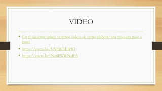 VIDEO
• En el siguiente enlace veremos videos de como elaborar una maqueta paso a
paso.
• https://youtu.be/VN02C3LTrWI
• https://youtu.be/No6FWWNaJFA
 