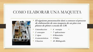 COMO ELABORAR UNA MAQUETA
• El siguiente presentación dará a conocer el proceso
de elaboración de una maqueta de un piso con
planos de ploter a escala de 1.50.
• 1 introduccion
• 2 concepto
• 3 tipos
• 4 características
• 5 funcion
• 6 ventajas
• 7 aplicaciones
• 8 Materiales
• 9 Video
• 10 Bibliografia
•
 