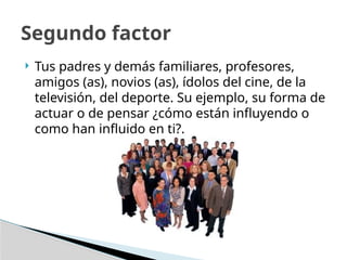  Tus padres y demás familiares, profesores,
amigos (as), novios (as), ídolos del cine, de la
televisión, del deporte. Su ejemplo, su forma de
actuar o de pensar ¿cómo están influyendo o
como han influido en ti?.
Segundo factor
 