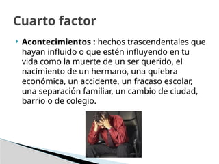  Acontecimientos : hechos trascendentales que
hayan influido o que estén influyendo en tu
vida como la muerte de un ser querido, el
nacimiento de un hermano, una quiebra
económica, un accidente, un fracaso escolar,
una separación familiar, un cambio de ciudad,
barrio o de colegio.
Cuarto factor
 