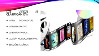 LOS VIDEOS SE 
CLASIFICAN EN: 
 VIDEO DOCUMENTAL 
 VIDEO NARRATIVO 
 VIDEO MOTIVADOR 
 LECCIÓN MONOCONSEPTUAL 
 LECCIÓN TEMÁTICA 
 