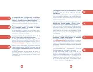 9

¿Te pueden dar datos concretos sobre la colocación
laboral de los egresados? ¿Porcentajes, principales
empresas y funciones, cómo se da la contratación?
Aquí también: si la universidad te niega esta información o no
lleva un control sobre la colocación de sus alumnos, ¡huye!

10

¿Tiene la universidad o facultad un área de vinculación
con el mercado laboral? Esa oficina, ¿te parece
profesional y bien administrada?
No hace falta explicar lo importarte que es esto. Y sin embargo,
muchas universidades realmente no tienen una buena oficina
de vinculación. ¡Examínala con cuidado!

11

Hay oportunidades de especialización dentro de la
carrera, o es un programa fijo de principio a fin?
Las áreas de especialidad -si es que las hay-, ¿son para
prepararte para diferentes industrias o funciones? ¿Cuáles de
ellas conectan mejor con las competencias que se señalan
en Profesionistas.org.mx? ¡Revisa esto con lupa!

12

El tronco común de la carrera, ¿te permitiría cambiarte
a otra carrera sin perder muchos créditos en caso de
que te decidieras sobre la marcha por otra licenciatura
o ingeniería?
Muchísimos estudiantes deciden cambiar de carrera en
algún momento de sus estudios. Ojalá no sea tu caso, pero si
lo llegara a ser, que no pierdas materias que cursaste (o sólo
pocas) es lo ideal.

20

¿La universidad cuenta con alguna acreditación --¡además
de la SEP!-- por parte de un organismo nacional o
internacional?
Que la carrera o universidad sea parte de una organización
con otras instituciones globales, refleja seriedad, vigencia en
el plan de estudios y oportunidades para hacer intercambios
estudiantiles, por ejemplo.
¿Hay actividades extracurriculares organizadas por los
alumnos que pudieran ayudarte a formarte mejor y
conectarte con actores profesionales importantes?
Más de la mitad de las oportunidades laborales que podrás
encontrar durante tu carrera resultarán de tus actividades
extracurriculares. También serán excelentes oportunidades
para el desarrollo de competencias como liderazgo, trabajo
en equipo, comunicación, planeación y negociación. ¡No las
menosprecies!
El programa, ¿incluye talleres de redacción e inglés
obligatorios? ¿Aplican algún examen? ¿Es obligatorio
hacerlo y obtener alguna puntuación?
En Profesionistas.org.mx verás que una de las competencias
más solicitadas por las empresas es comunicación escrita y
oral tanto en inglés como en español. ¡Las empresas no están
encontrando universitarios que sepan redactar y expresarse
claramente!
¿La universidad te ayuda a prepararte para el proceso de
irte a un posgrado en México y en el extranjero?
Muchas universidades quieren que te quedes “en casa”
a hacer un posgrado, pero también deben apoyarte si tu
preferencia es estudiar el posgrado en otra parte o fuera del
país. En ese caso, sería óptimo que la universidad te ofreciera
capacitación para los exámenes GRE, GMAT, TOEFL y/o
IELTS, que cada vez piden más las universidades en todo el
mundo para la admisión a sus posgrados.

21

13

14

15

16

 